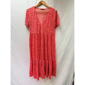 Zara Red Floral Tiered Midi Dress V-Neck Short Sleeve Ditsy Print Womens Small